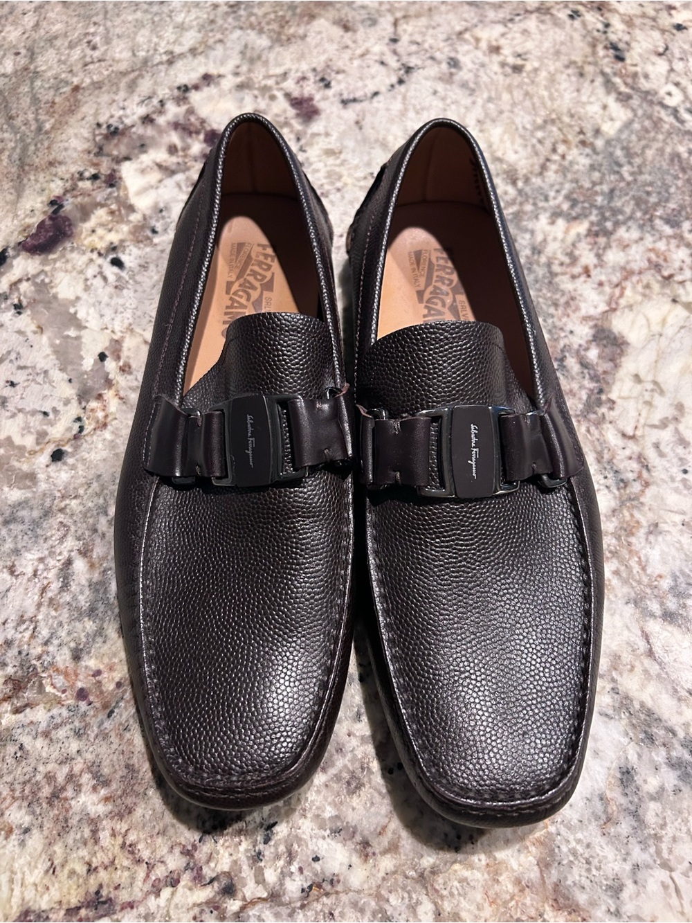 Salvatore Ferragamo Men’s Brown Pebble Leather Bit Slip-Ons